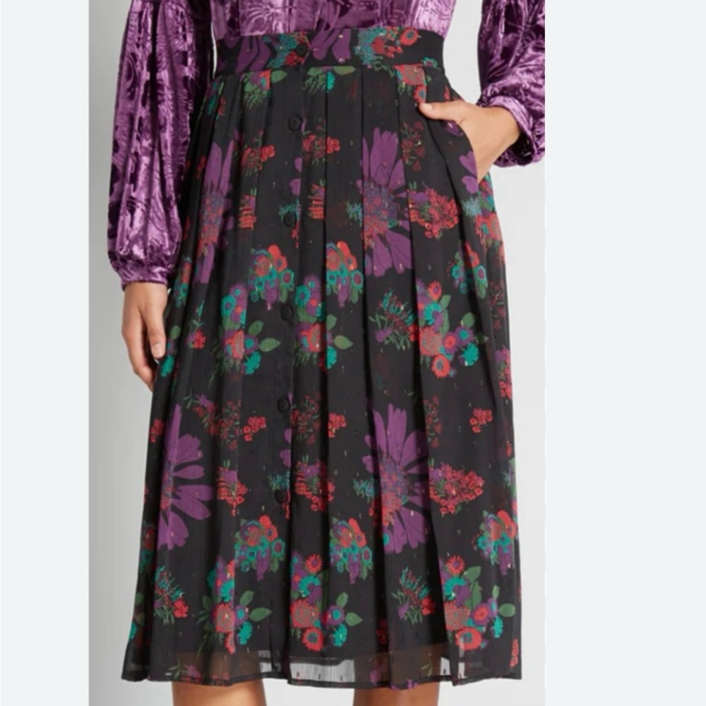 Modcloth Meow Bouquet Cat Novelty Pleated Midi Skirt Women’s 12 Whimsical